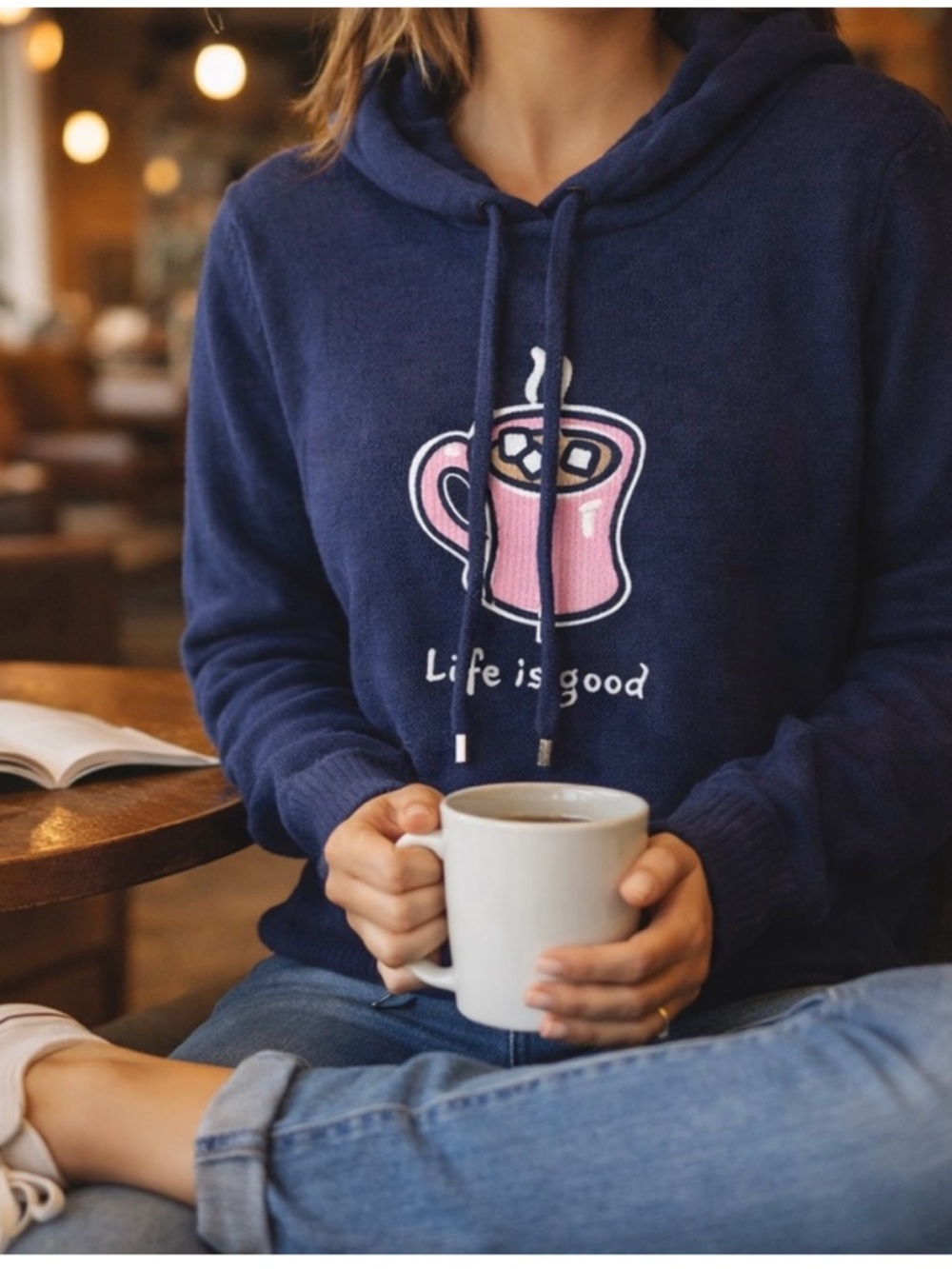 Life is Good Blue Pullover Hoodie With Pink Coffee Mug Embroidered Size Small